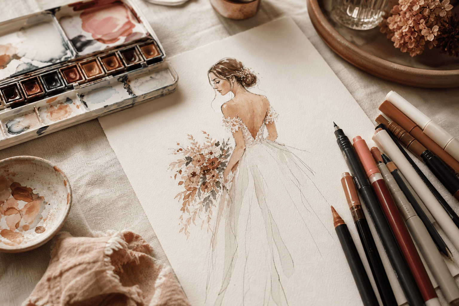 The studio desk between events — palette, markers and a half-finished illustration